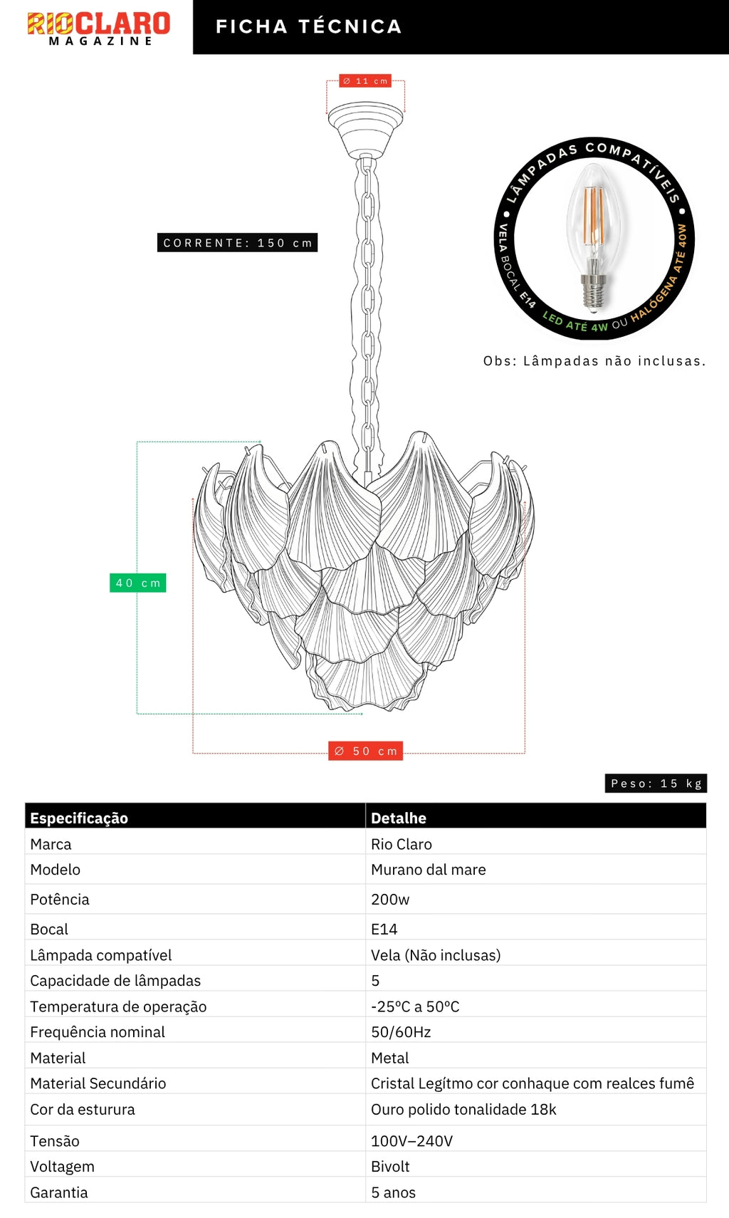 Lustre Cristal Murano Dal Mare Conhaque Ouro 18k Bivolt