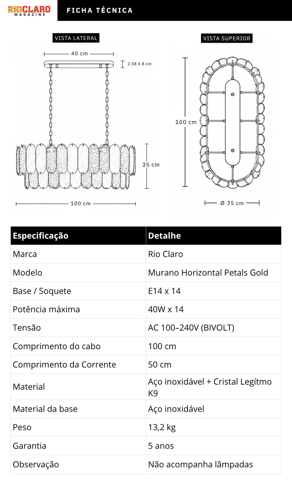 Lustre Murano Horizontal Petals Gold 100cm Cristal K9 Dourado Luxo Sala Jantar